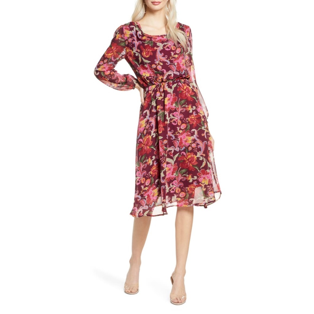 Fraiche By J Mela Floral Maroon Dress S